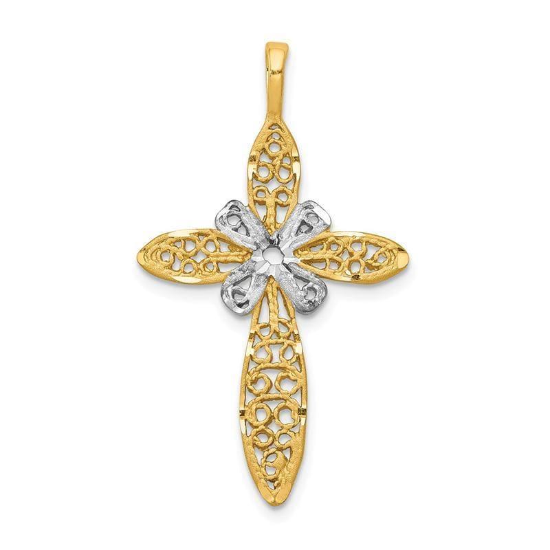 14k w-White Rhodium Polished Filigree Cross Pendant - Seattle Gold Grillz