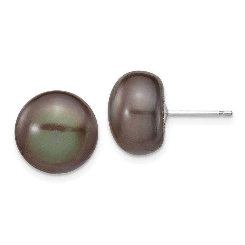 14k White Gold 11-12mm Black Button Freshwater Cultured Pearl Stud Earrings - Seattle Gold Grillz