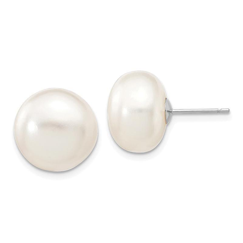 14k White Gold 12-13mm White Button FW Cultured Pearl Stud Earrings - Seattle Gold Grillz