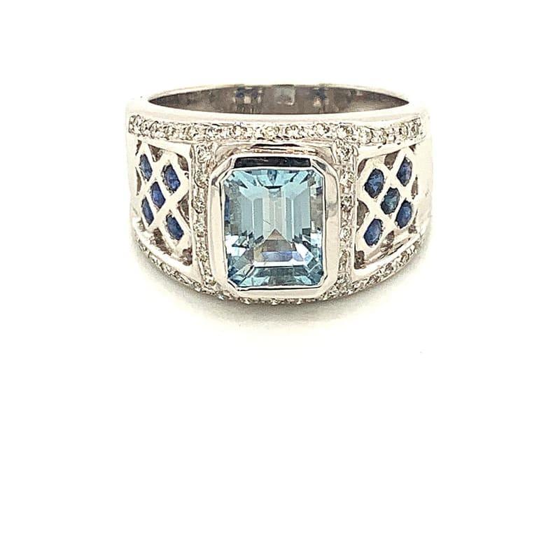 14k White Gold Diamond Aquamarine & Blue Sapphire Ring - Seattle Gold Grillz