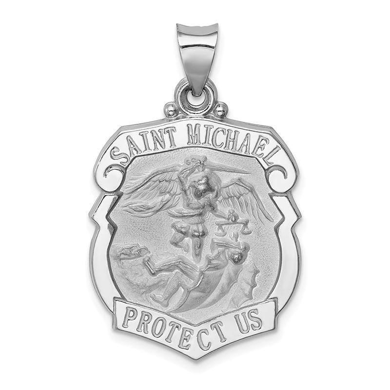 14k White Gold Polished and Satin St. Michael Badge Medal Pendant - Seattle Gold Grillz