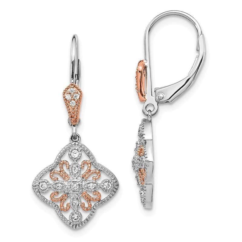 14K White Gold w-Rose Rhodium Diamond Leverback Earrings - Seattle Gold Grillz