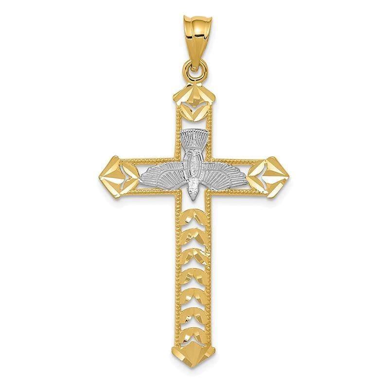 14k White Rhodium w- Yellow Polished Diamond-cut Dove Cross Pendant - Seattle Gold Grillz