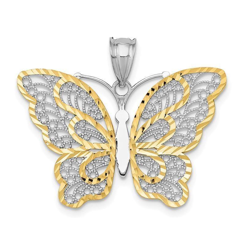 14k With White Rhodium Polished Filigree Butterfly Pendant - Seattle Gold Grillz
