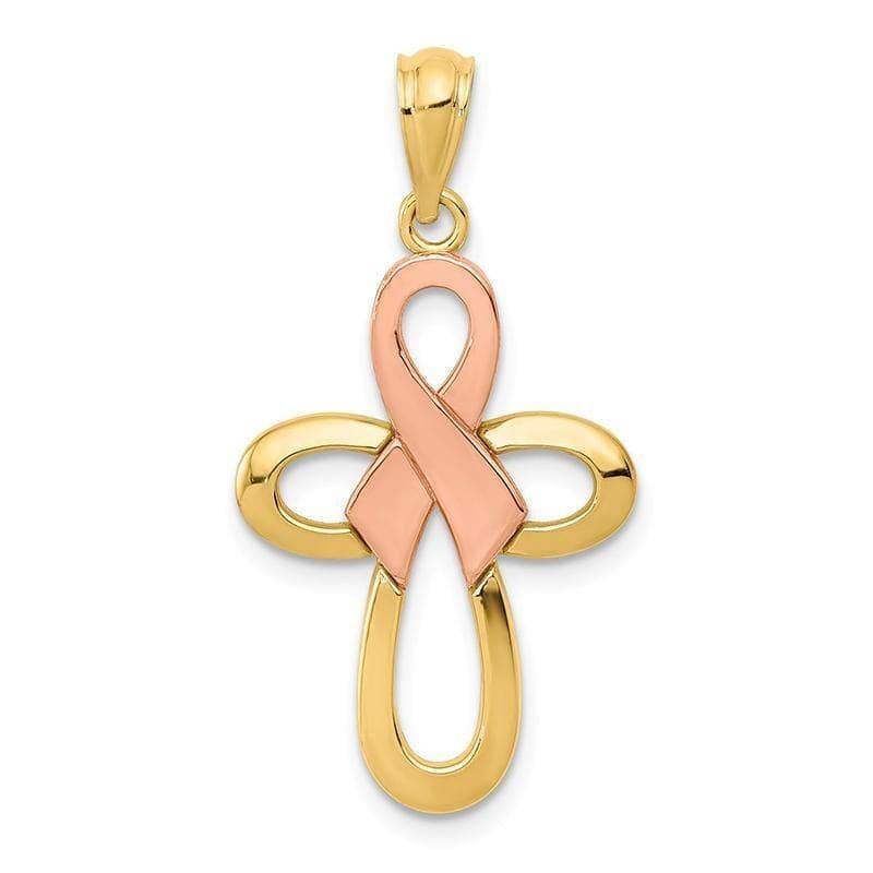 14k Y-R Gold Polished Pink Ribbon Cross Pendant - Seattle Gold Grillz