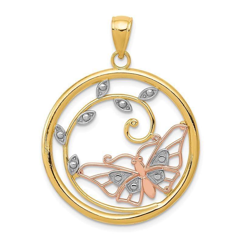 14k Yellow & Rose Gold w-Rhodium Butterfly in Circle Pendant - Seattle Gold Grillz