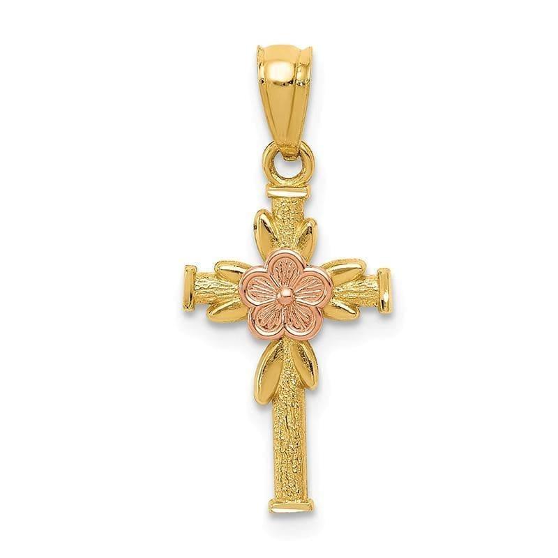 14k Yellow & Rose Polished D-C Cross w-Flower Pendant - Seattle Gold Grillz