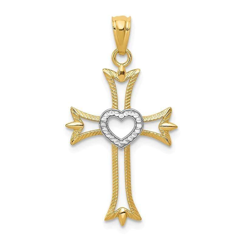 14k Yellow Gold Rhodium Plated Diamond Cut Cross with Heart Pendant - Seattle Gold Grillz