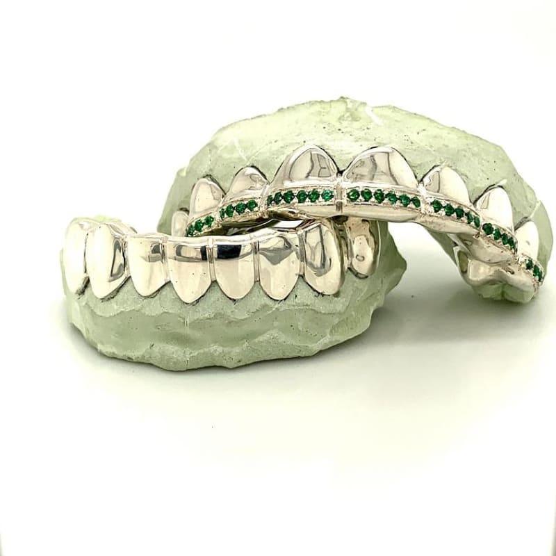 16pc Silver Emerald Bar Grillz - Seattle Gold Grillz