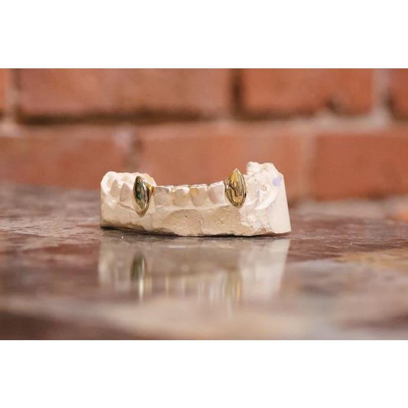 2pc Solid Gold Fangs with Bridge in The Back - Seattle Gold Grillz