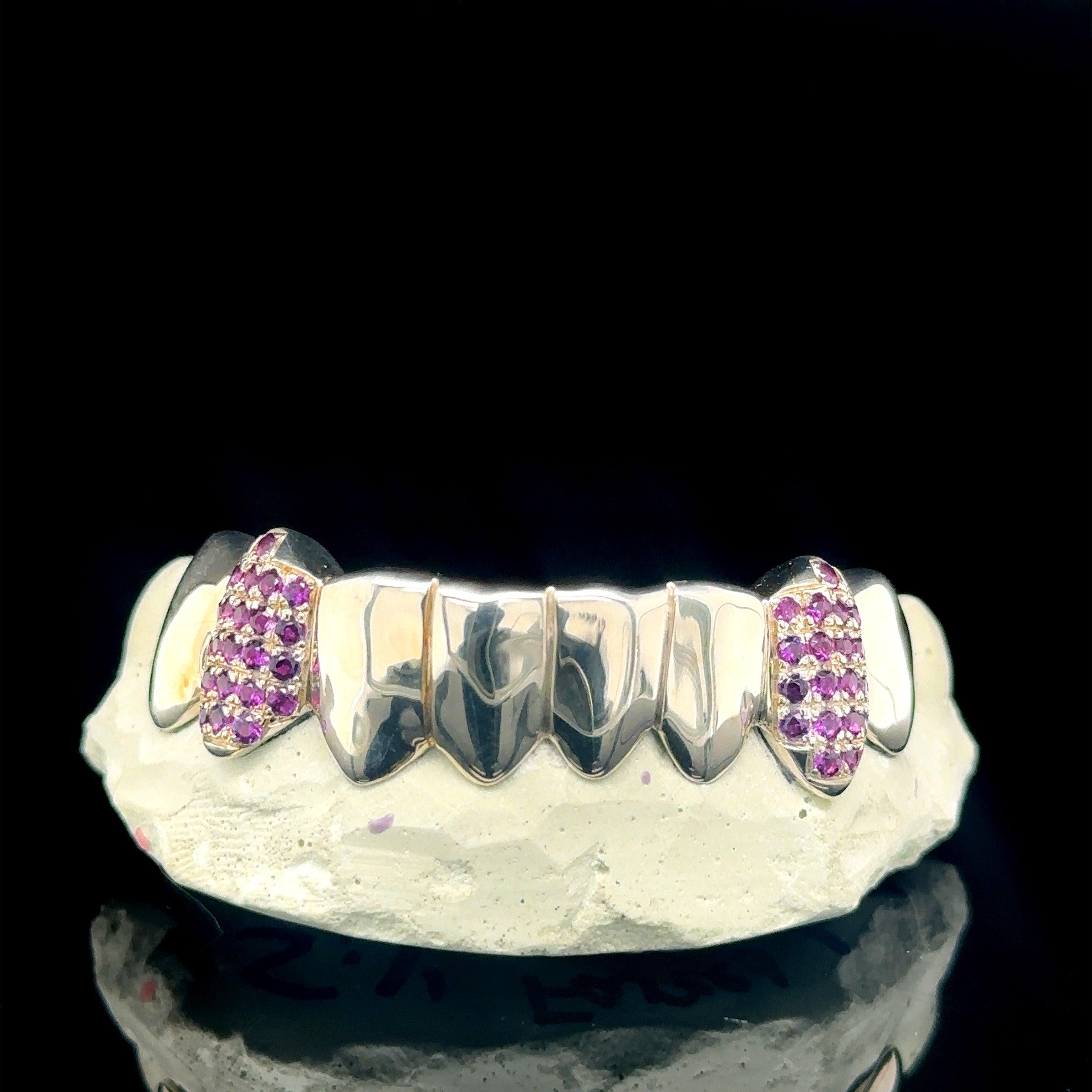 8pc Silver Amethyst Fang Bottom Grillz - Seattle Gold Grillz