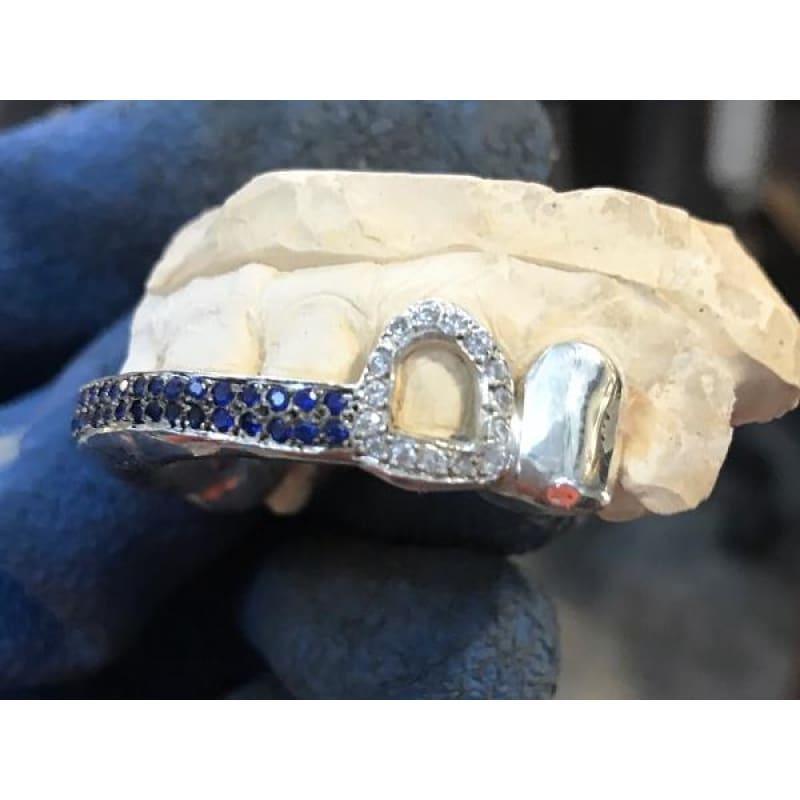 8pc Silver Diamond Sapphire Grillz - Seattle Gold Grillz