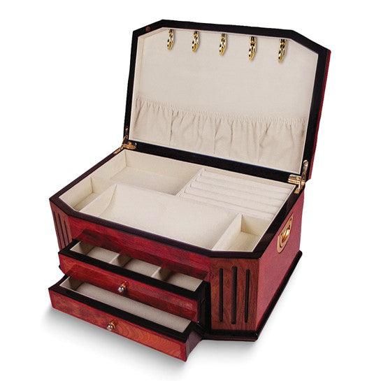 High Gloss Burlwood Finish with Black Accents Two Drawer Wooden Jewelry Box
