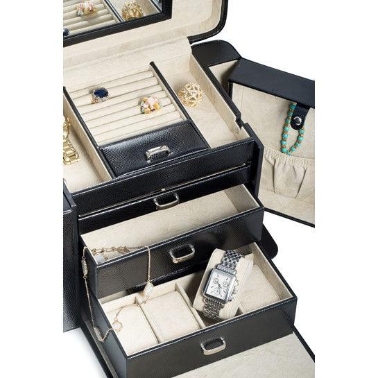 Black Lizard Textured Leather with Mirror Swing-out Sides 3-Drawer Jewelry Case