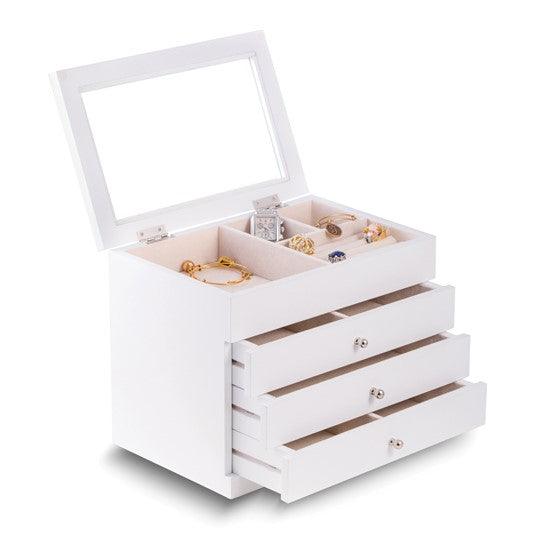 White Finish Solid Wood Velour Lined Clear Lid 3-Drawer Jewelry Box