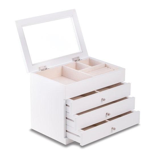 White Finish Solid Wood Velour Lined Clear Lid 3-Drawer Jewelry Box