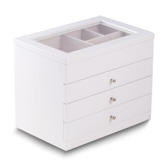 White Finish Solid Wood Velour Lined Clear Lid 3-Drawer Jewelry Box