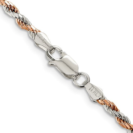 Sterling Silver 2.5mm Rose Vermeil Diamond-cut Rope Chain