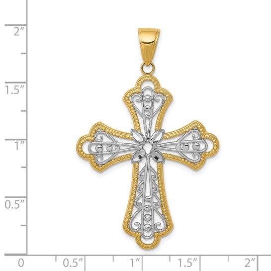 14K w-Rhodium Diamond-cut Filigree Cut-out Cross Pendant