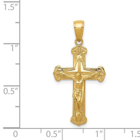 14K Gold Polished & Textured Crucifix w-Jesus on Engraved Cross Pendant