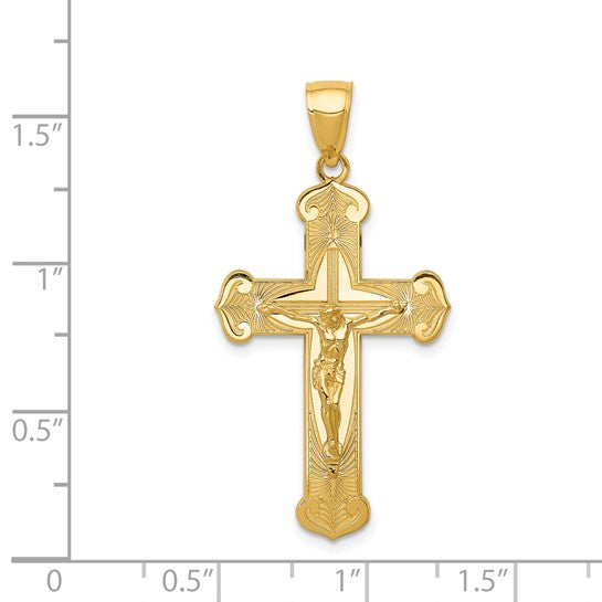 14K Gold Polished 2-D Crucifix with Jesus on Engraved Cross Pendant