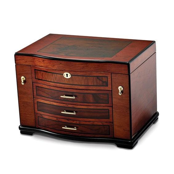 High Gloss Poplar Veneer with Burlwood Inlay 3-drawer with Swing-out Sides Locking Wooden Jewelry Chest