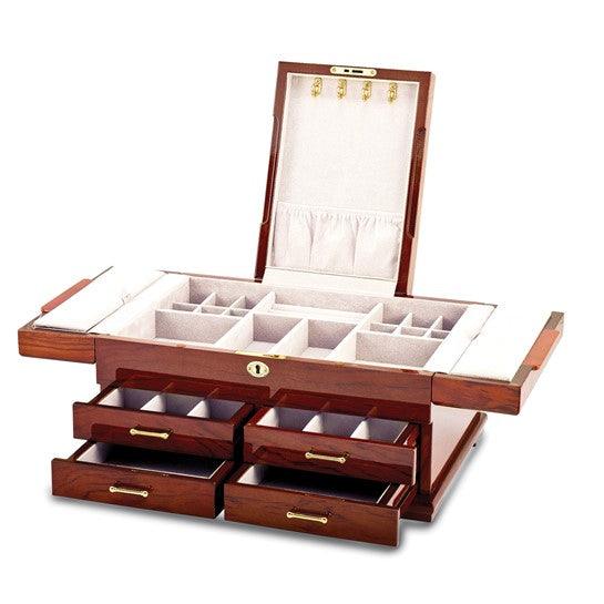 High Gloss Bubinga Veneer with Mapa Burl and Scrolled Inlay Fold-out Top 4-drawer Locking Wooden Jewelry Box