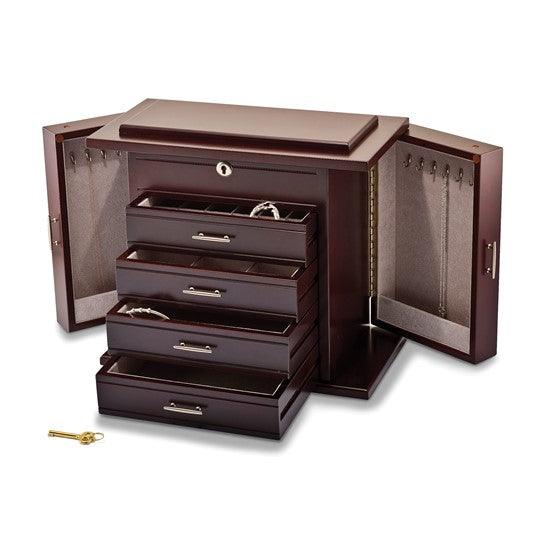 Luxury Giftware Matte Mahogany Finish Poplar Veneer 4-drawer with Swing-out Sides Locking Wooden Jewelry Box