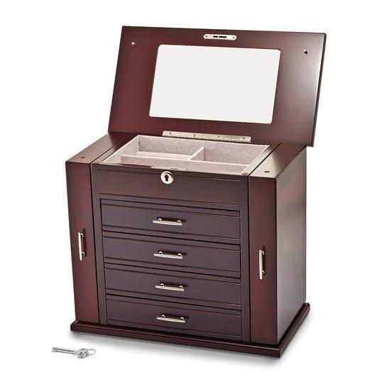 Luxury Giftware Matte Mahogany Finish Poplar Veneer 4-drawer with Swing-out Sides Locking Wooden Jewelry Box