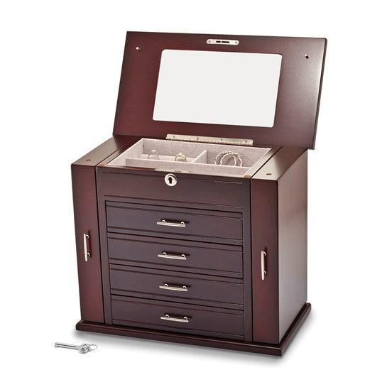 Luxury Giftware Matte Mahogany Finish Poplar Veneer 4-drawer with Swing-out Sides Locking Wooden Jewelry Box