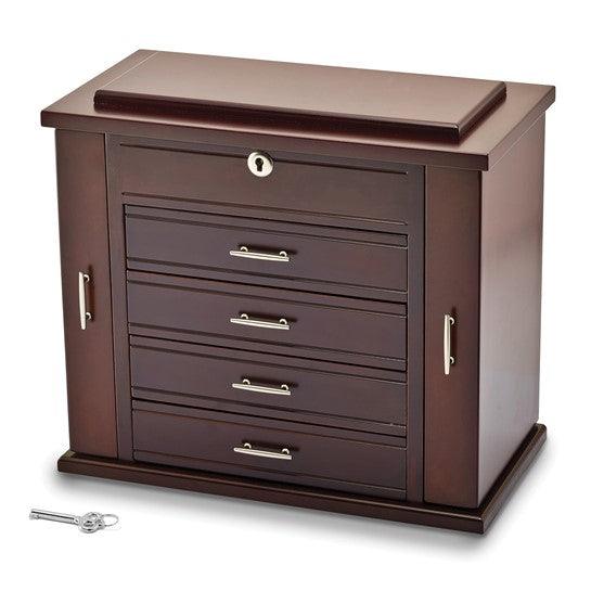 Luxury Giftware Matte Mahogany Finish Poplar Veneer 4-drawer with Swing-out Sides Locking Wooden Jewelry Box