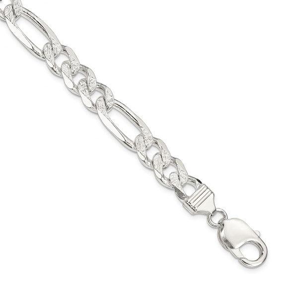 Sterling Silver 9.5mm Pave Flat Figaro Bracelet