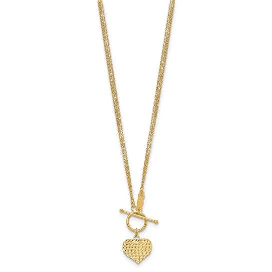 14k Polished 3-Strand Diamond Cut Heart Toggle Necklace