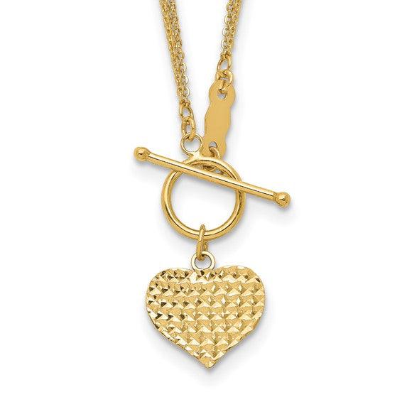 14k Polished 3-Strand Diamond Cut Heart Toggle Necklace