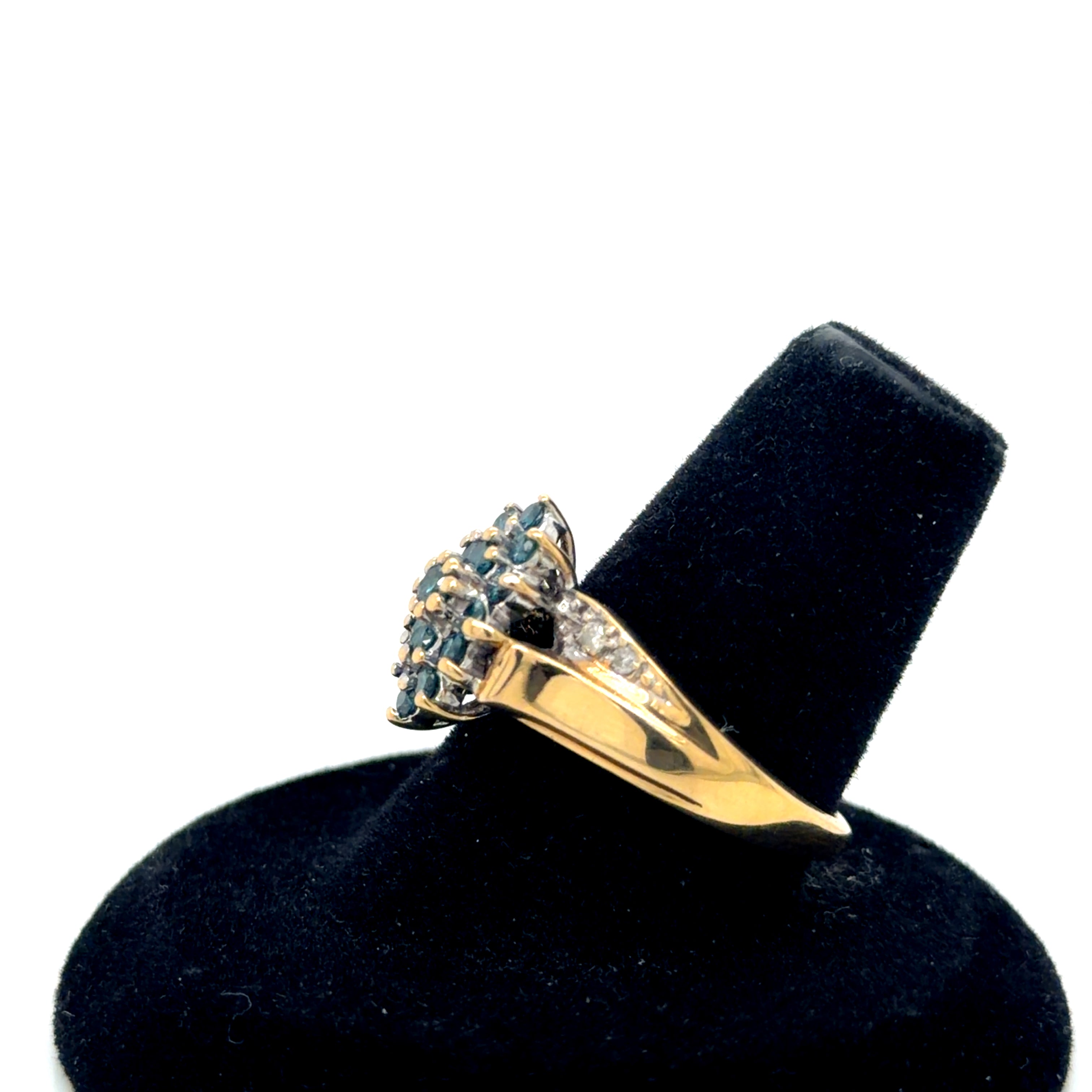 14k Gold Blue & White Diamond Cluster Ring 3.8g
