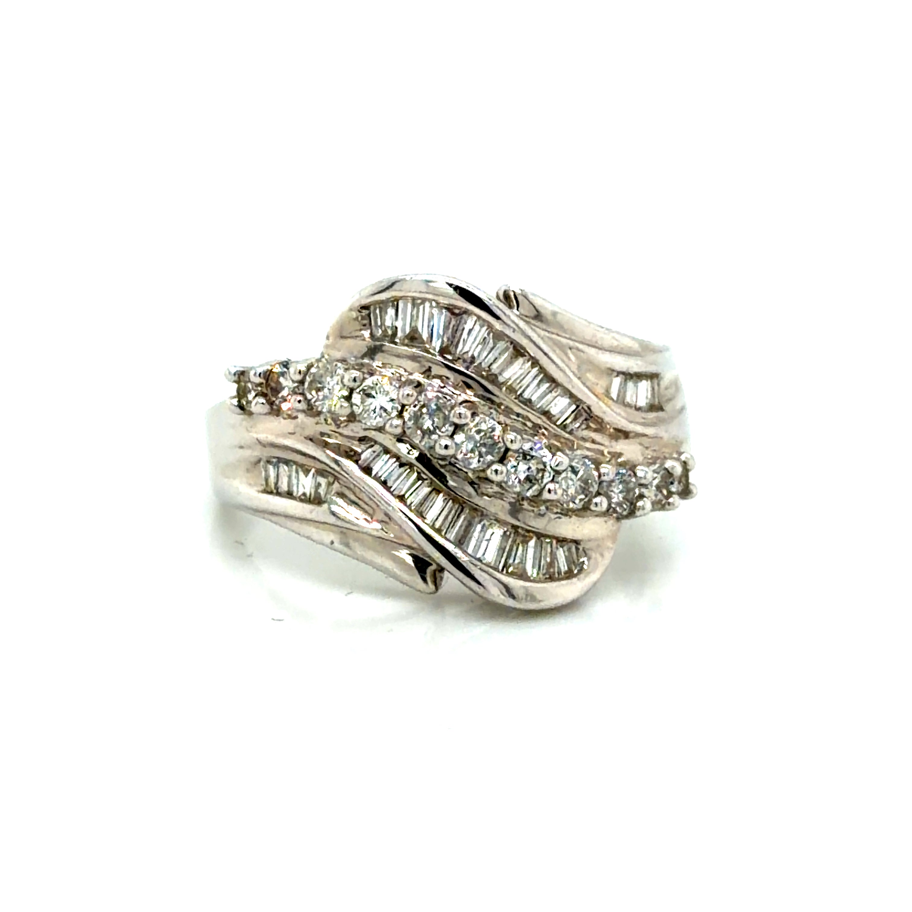 14k White Gold Diamond Ring with Baguette Accents