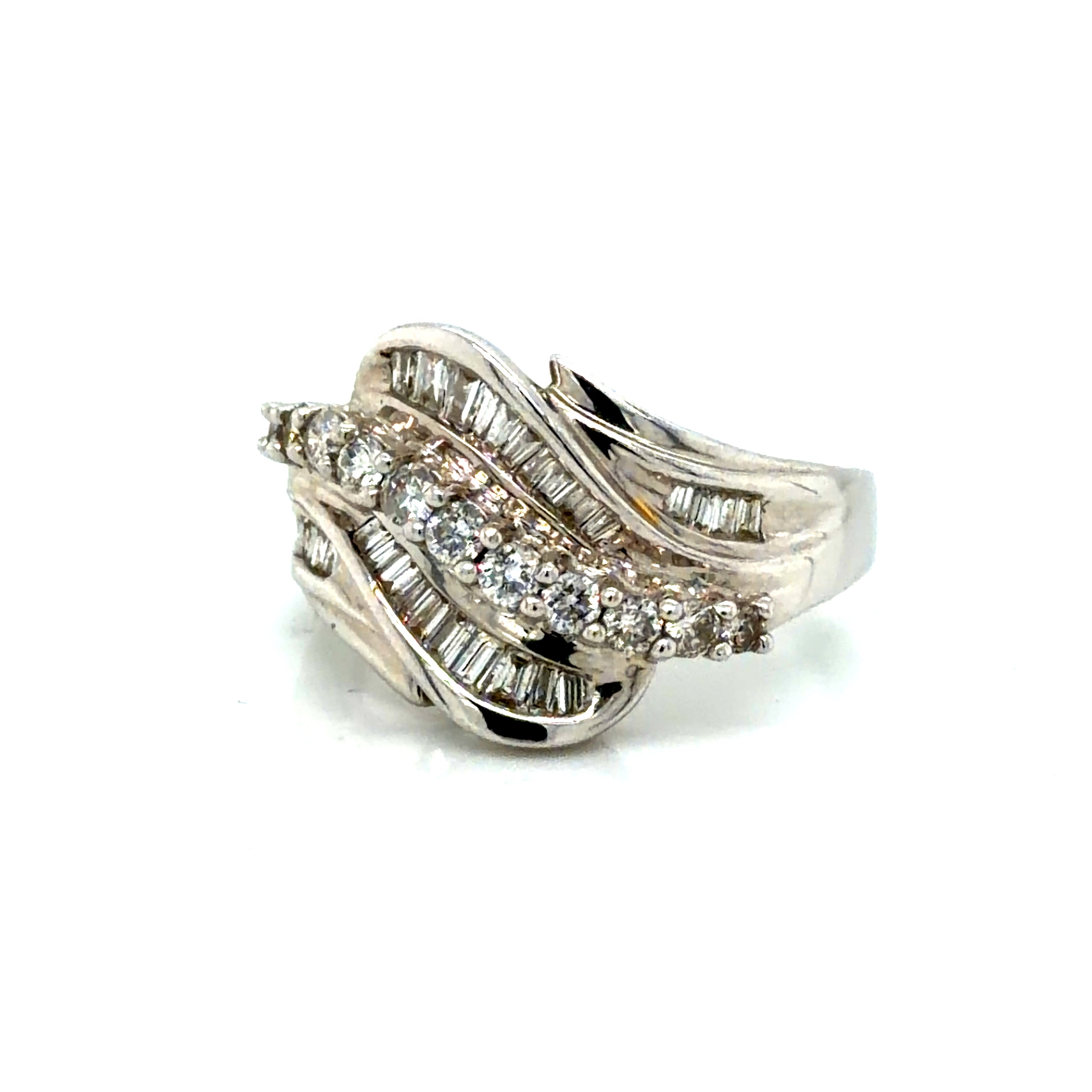 14k White Gold Diamond Ring with Baguette Accents