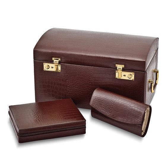 Brown Croco Textured Leather with Mirror Ultra-Suede Lined 6-Drawer Large Jewelry Case with Removable Jewelry Wallet and Travel Case - Seattle Gold Grillz