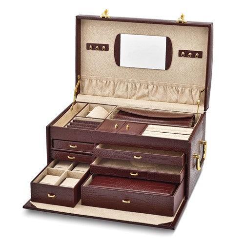 Brown Croco Textured Leather with Mirror Ultra-Suede Lined 6-Drawer Large Jewelry Case with Removable Jewelry Wallet and Travel Case - Seattle Gold Grillz