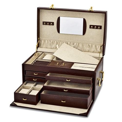 Brown Croco Textured Leather with Mirror Ultra-Suede Lined 6-Drawer Large Jewelry Case with Removable Jewelry Wallet and Travel Case - Seattle Gold Grillz