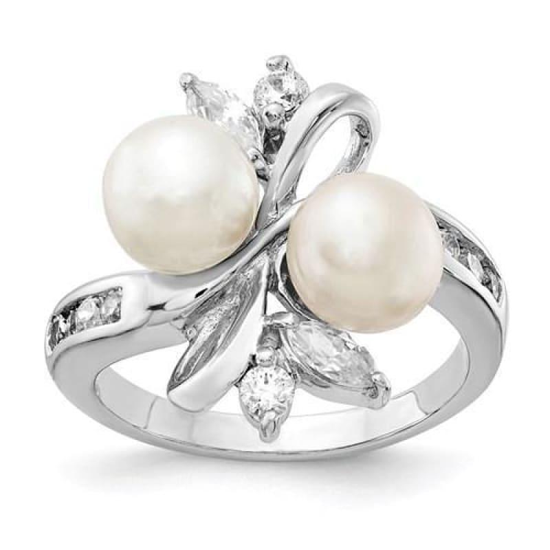 Cheryl M Sterling Silver Rhod Plated CZ And White FWC Pearl Leaves Ring - Seattle Gold Grillz
