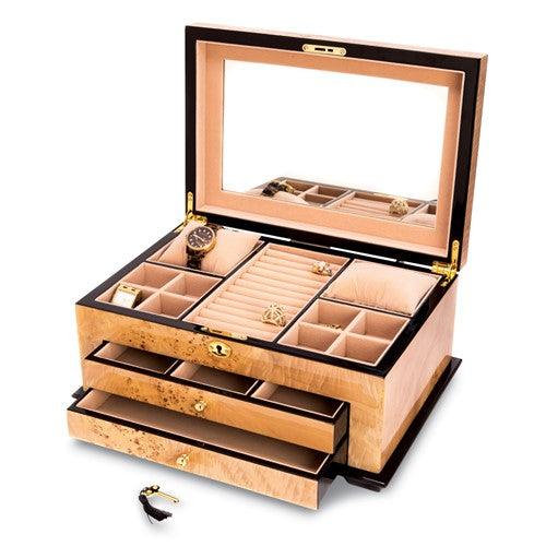 High Gloss Lacquered Birdseye Maple Finish 2-drawer Locking Wooden Jewelry Box - Seattle Gold Grillz