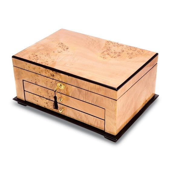 High Gloss Lacquered Birdseye Maple Finish 2-drawer Locking Wooden Jewelry Box - Seattle Gold Grillz