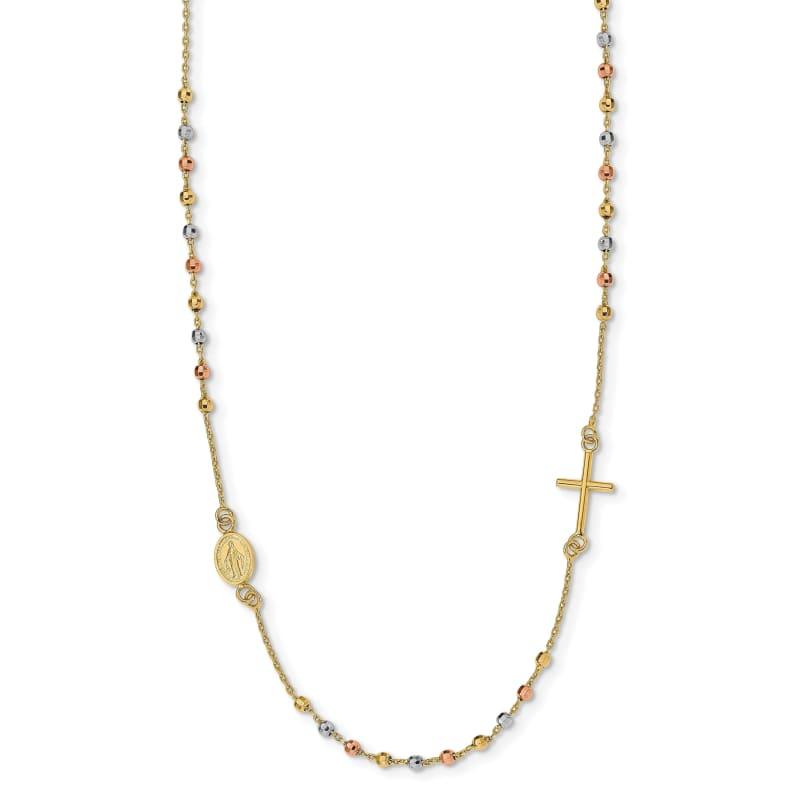 Leslie's 14k Tri-color Sideways Cross Beaded Rosary Style Necklace - Seattle Gold Grillz