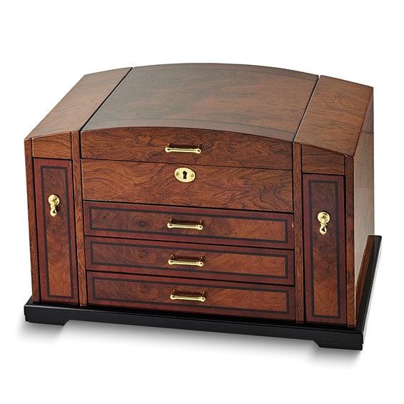 Luxury Giftware High Gloss Bubinga Veneer with Elm Burl Inlay 3-drawer with Slide-out Sides Locking Wooden Jewelry Box - Seattle Gold Grillz