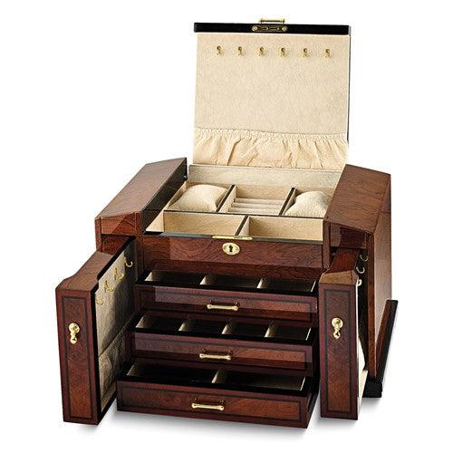 Luxury Giftware High Gloss Bubinga Veneer with Elm Burl Inlay 3-drawer with Slide-out Sides Locking Wooden Jewelry Box - Seattle Gold Grillz