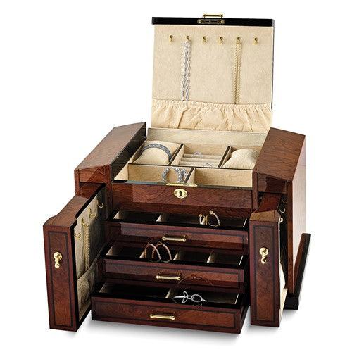 Luxury Giftware High Gloss Bubinga Veneer with Elm Burl Inlay 3-drawer with Slide-out Sides Locking Wooden Jewelry Box - Seattle Gold Grillz