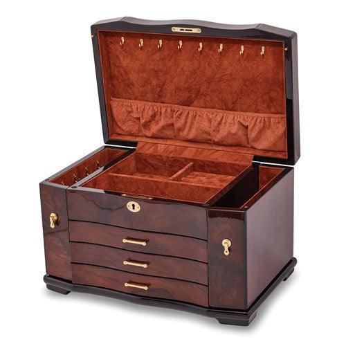 Luxury Giftware High Gloss Walnut Burl Veneer 3-drawer with Swing-out Sides Locking Wooden Jewelry Box - Seattle Gold Grillz