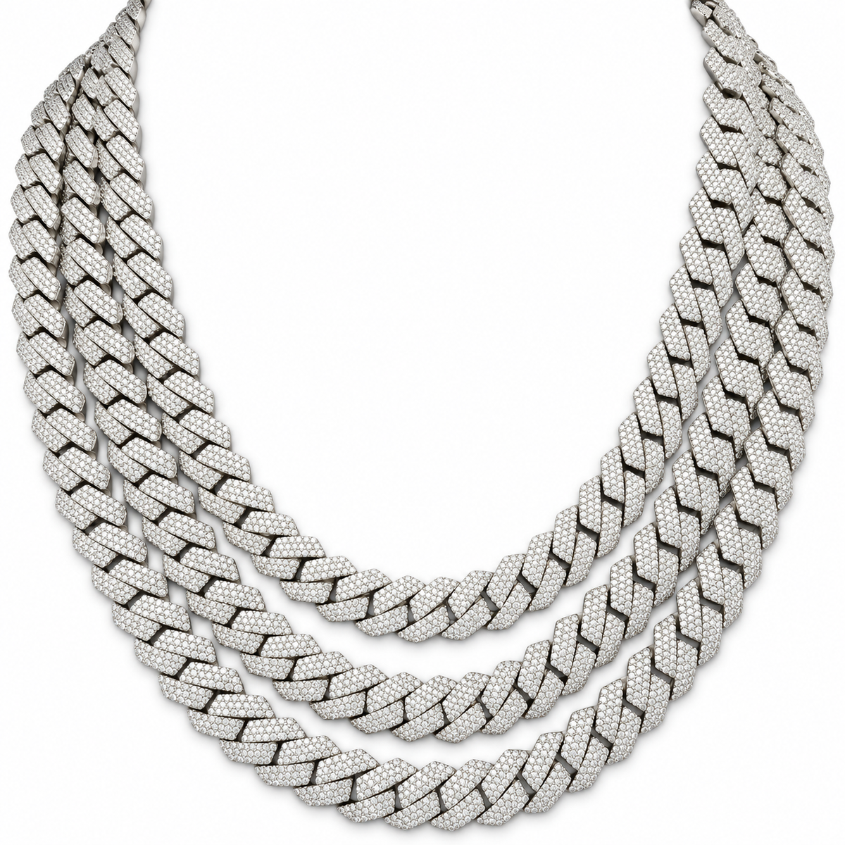 Silver moissanite Cuban link chains on a white background