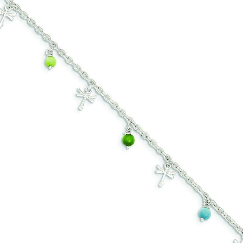 SS Pol Dragonflies w-Aqua & Green Beads 9w-1ext Anklet - Seattle Gold Grillz